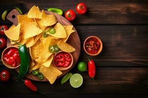 AI generated nachos on wooden table with tomatoes, peppers and chili peppers photo