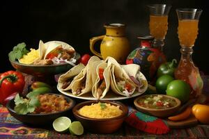 ai generado mexicano comida es servido en un mesa con varios platos foto