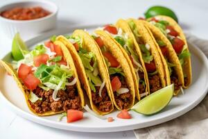 AI generated tacos with meat, lettuce and tomatoes on a plate photo