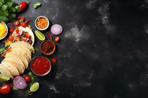 ai generado tacos, salsa, y otro ingredientes en un negro antecedentes foto