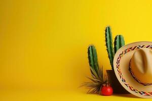 AI generated mexican hat and cactus on yellow background photo