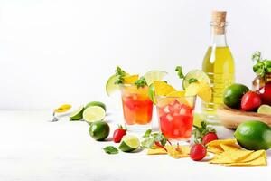 ai generado un mesa con fruta, vegetales y un botella de alcohol foto