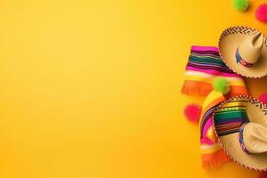 AI generated mexican hats and colorful pom poms on yellow background photo