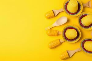 AI generated yellow plastic spoons and wooden spoons on a yellow background photo
