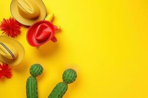 ai generado un cactus, un sombrero y un flor en un amarillo antecedentes foto