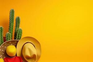 AI generated mexican hats and cactus on yellow background photo