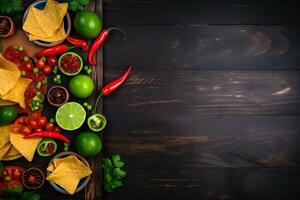 AI generated mexican food background with tortilla chips, salsa, lime, cilantro, and other photo