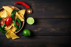 AI generated nachos with lime and chili peppers on a wooden table top view photo