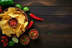 ai generado mexicano comida con papas fritas y salsa en de madera antecedentes foto