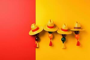 ai generado Tres sombreros en un amarillo y rojo antecedentes foto