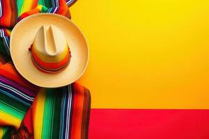 AI generated mexican hat and colorful blanket on yellow background photo