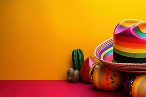 AI generated colorful sombrero and colorful mexican objects on a yellow background photo