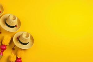 AI generated three hats and a broom on a yellow background photo