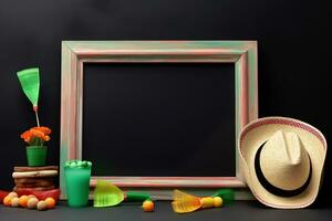 AI generated a picture frame with a hat, sunglasses, and other items photo