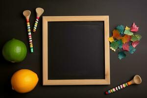 AI generated a blackboard with a chalkboard, a lemon, and some other items photo