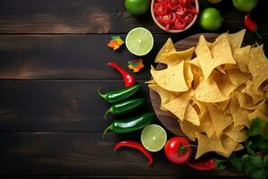 AI generated mexican food with chips and other ingredients on a wooden table top view photo