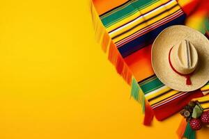 AI generated mexican hat, mexican flag and fruit on yellow background photo
