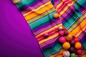 AI generated colorful mexican fabric with colorful eggs on purple background photo