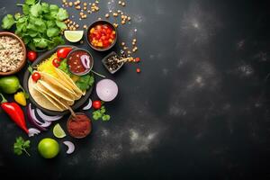 AI generated mexican food ingredients on black background top view photo