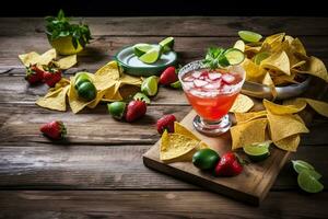 AI generated strawberry margarita with lime and strawberries on wooden table photo