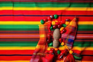 AI generated a colorful mexican tablecloth with a wooden spoon and candies photo