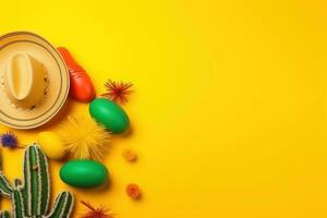 AI generated mexican easter background with colorful eggs, cactus and sombrero photo