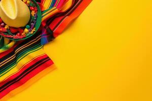 AI generated mexican hat, colorful candy and colorful sombrero on yellow background photo