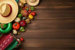 ai generado mexicano comida y sombreros en de madera antecedentes foto