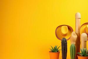 ai generado un grupo de cactus plantas y un sombrero en un amarillo antecedentes foto