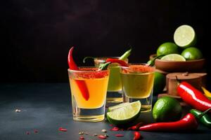 AI generated three shots of tequila and lime with chili peppers photo