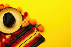 AI generated mexican hat and colorful pom poms on yellow background photo