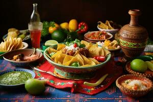 ai generado mexicano comida en un mesa con bochas de papas fritas, tortillas, limas y otro foto