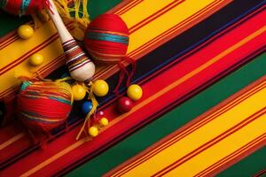 AI generated colorful maracas and other colorful items on a colorful striped tablecloth photo