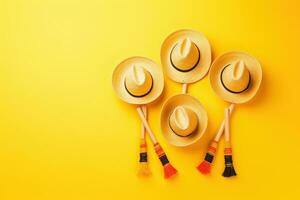 ai generado Tres sombreros en un amarillo antecedentes foto