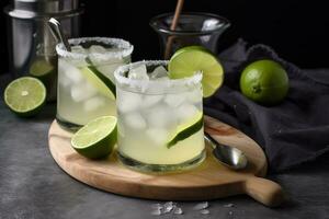 AI generated two margaritas on a wooden board with lime slices photo