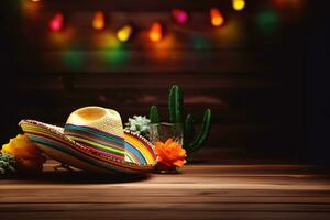 AI generated mexican holiday background with colorful lights and sombrero photo