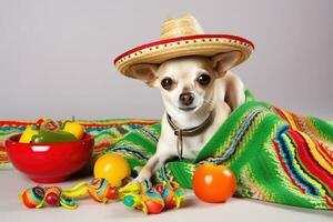 ai generado un chihuahua perro vistiendo un sombrero y sentado en un mesa con Fruta y foto