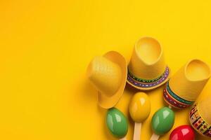 AI generated colorful hats and spoons on a yellow background photo