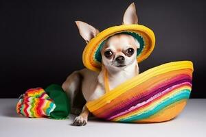 ai generado un chihuahua vistiendo un vistoso sombrero y sentado en un negro antecedentes foto