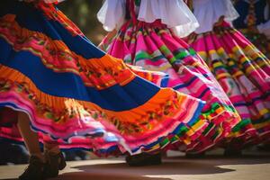 ai generado mujer en vistoso Faldas danza a el festival foto