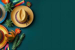 ai generado vistoso mexicano sombreros y cactus en un azul antecedentes foto