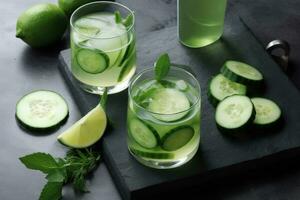 AI generated two glasses of cucumber water with mint leaves photo