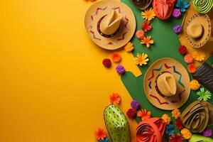 AI generated colorful hats and flowers on a yellow background photo