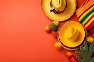 ai generado vistoso mexicano sombreros y cactus en naranja antecedentes foto