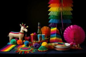AI generated a table with colorful paper fans, decorations and a donkey photo