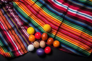 AI generated colorful eggs on a colorful striped cloth photo