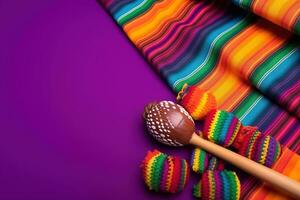 ai generado mexicano maracas y vistoso tela en un púrpura antecedentes foto