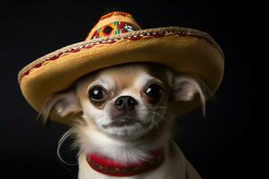 ai generado un pequeño perro vistiendo un sombrero en un negro antecedentes foto