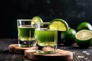 AI generated two shots of green tequila with lime slices photo