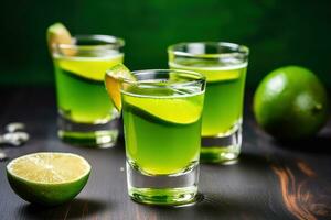 AI generated three shots of lime juice with lime slices photo